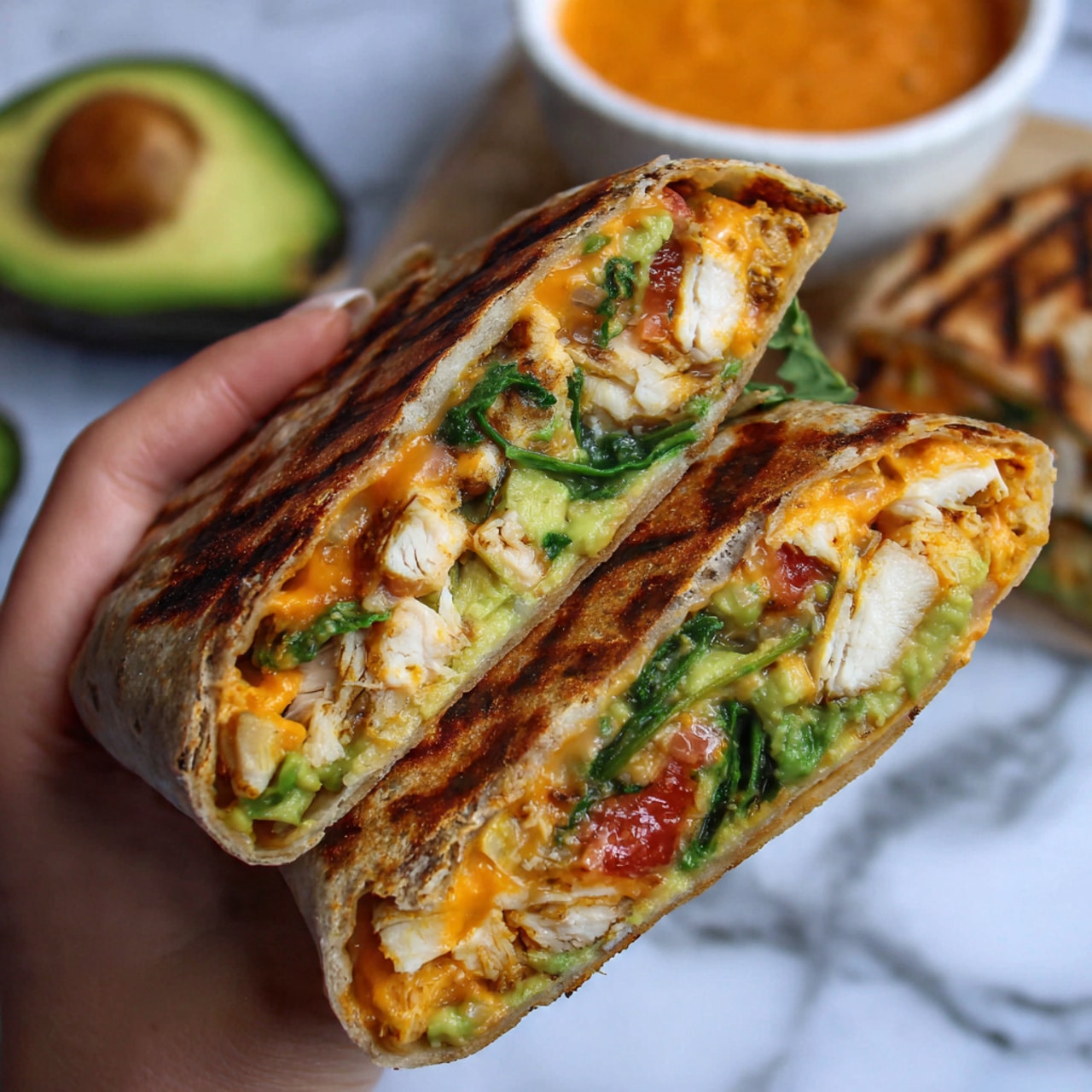 A close-up of two halves of a wrap held by a woman's hand, showing three main layers inside each. The outer layer is a lightly toasted tortilla with brown grill marks. Inside, the first inner layer is shredded white chicken pieces scattered across the wrap. The second layer is bright orange melted cheese spread unevenly, creating a creamy texture. Mixed within are small bits of green leafy vegetables and diced bright red tomatoes adding color contrast. There is also mashed green avocado visible in the wrap, adding a creamy texture. The background is a white marbled surface with a blurred green avocado half and a white bowl filled with orange sauce visible behind. Photo taken with an iphone --ar 4:5 --v 7