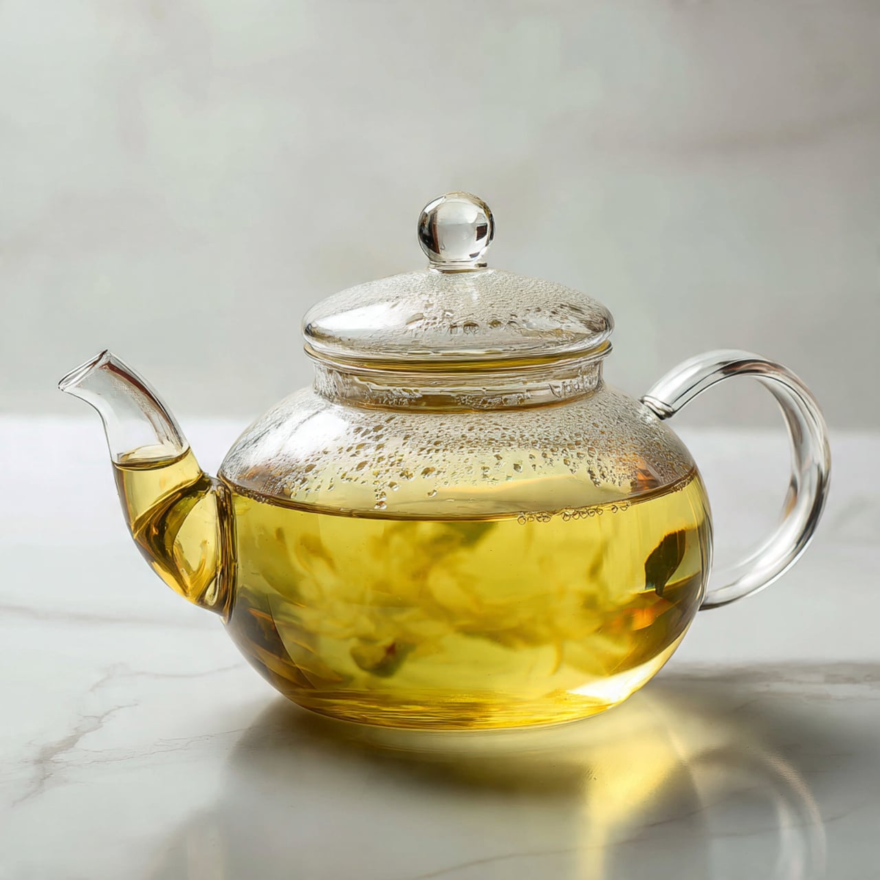 The image shows a clear glass teapot with a round shape, a curved spout on the left, and a handle on the right. Inside, there is a single layer of light yellow tea. The teapot has a clear glass lid with a small round knob on top. The teapot sits on a white marbled surface with a soft white background. There are small droplets of steam or condensation inside the top part of the teapot. photo taken with an iphone --ar 4:5 --v 7