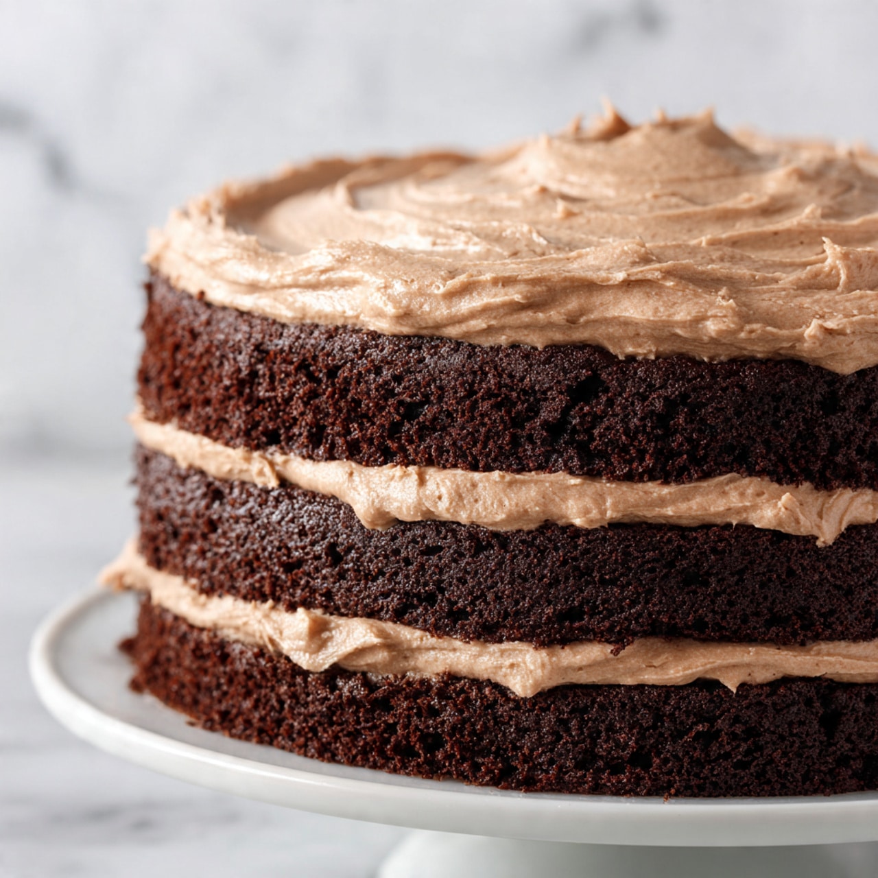 A close-up of a three-layer chocolate cake on a white plate, each dark brown cake layer separated by smooth light brown chocolate frosting. The top layer is decorated with thick, swirled chocolate frosting forming ruffled peaks, creating a textured and rich appearance. The cake surface and sides are covered with the same frosting, showing some gentle smoothness and swirl marks. The background is a white marbled texture. photo taken with an iphone --ar 4:5 --v 7