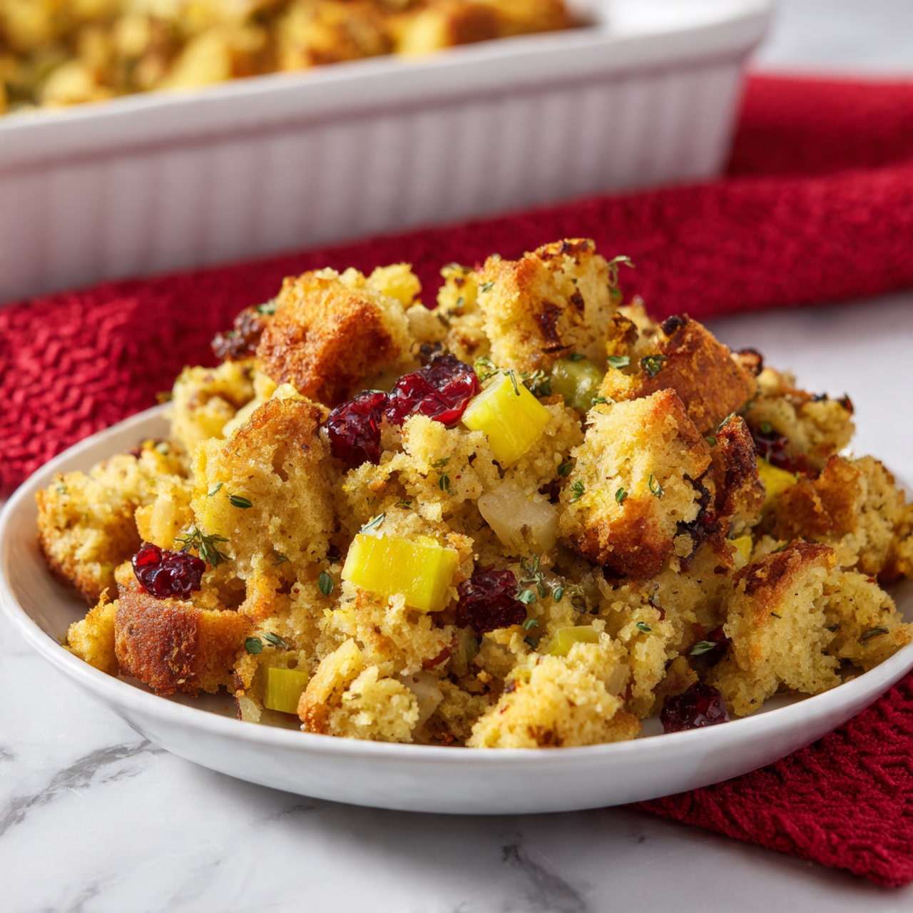 This image shows a small pile of golden brown stuffing on a white plate, with a crispy texture and small bits of bread crumbs. Mixed inside are pieces of yellow chopped apples and some red cranberries, adding bright color spots. The stuffing looks crumbly and moist with flecks of green herbs scattered throughout. In the background, there is a white baking dish partly filled with more stuffing on a white marbled surface with a red textured cloth beneath it. Photo taken with an iphone --ar 4:5 --v 7