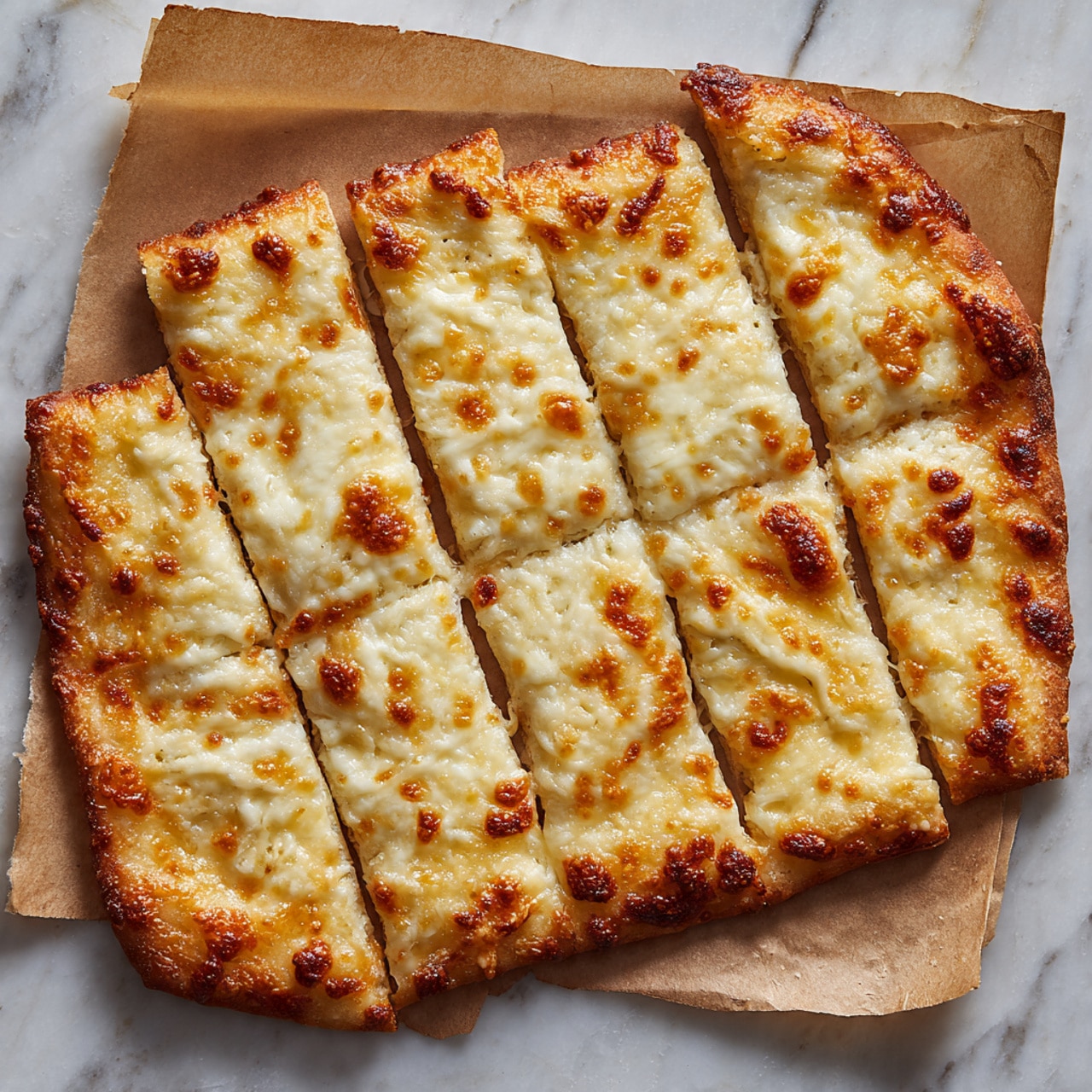 The image shows a flat bread pizza sliced into eight uneven pieces arranged on a piece of brown baking paper, which lies on a white marbled surface. The pizza crust is golden-brown with a bubbly and slightly crispy texture around the edges. The topping layer includes melted cheese that is golden yellow and stretches thin across the slices with uneven patches of light and darker brown where the cheese has browned nicely. The flat bread looks thick but soft under the cheese. The baking paper has a slightly crumpled texture and there are no other items or hands visible in the image. Photo taken with an iphone --ar 4:5 --v 7
