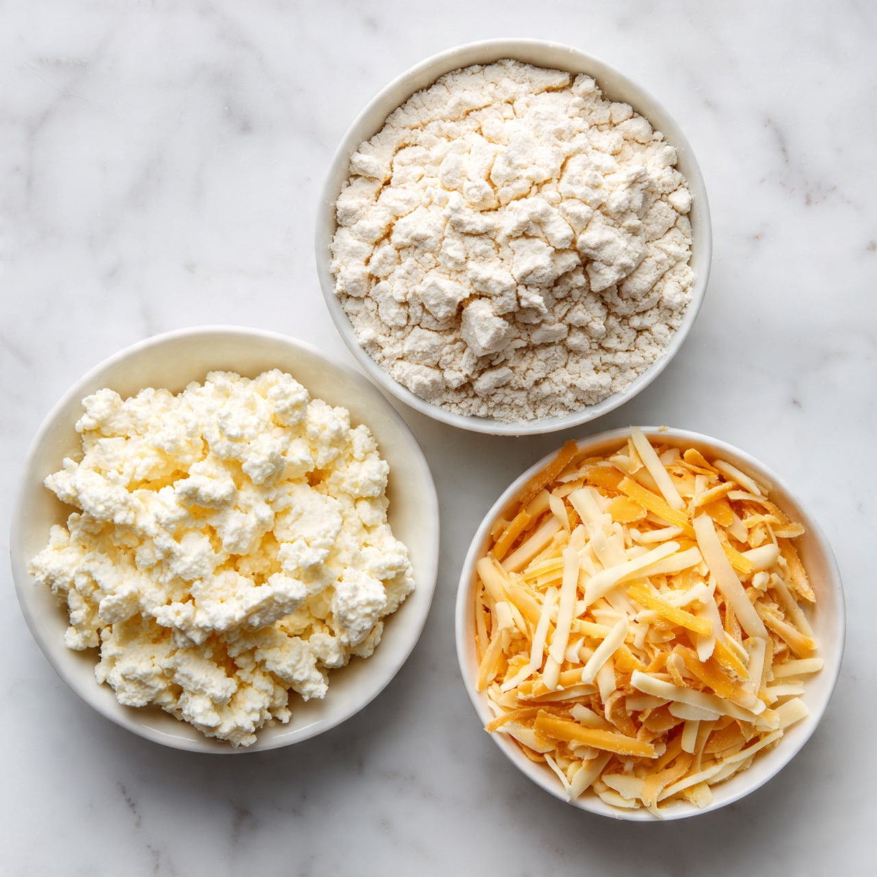 Three small white bowls sit on a white marbled surface, each filled with a different ingredient. The top bowl contains cracked, powdery white self-rising flour with visible cracks on the surface. The middle bowl, placed below and slightly to the left, is filled with chunky, creamy white cottage cheese showing its curd texture. The bottom right bowl holds a mix of shredded cheddar cheese in pale yellow and light orange shades, with thin, uneven strips. Each bowl clearly shows the texture and color of its contents. photo taken with an iphone --ar 4:5 --v 7