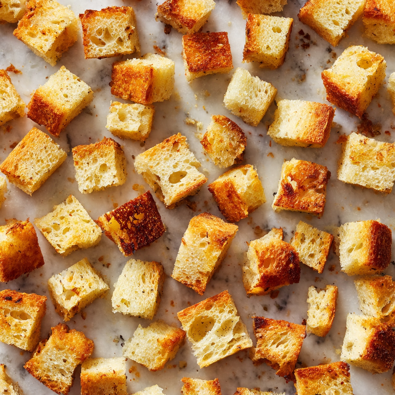 The image shows many small, toasted bread cubes spread out on a baking sheet. Each cube is golden brown with some edges darker and crispier than others. The texture appears crunchy with a mix of smooth and rough surfaces on the cubes. The cubes are scattered unevenly, showing slight browning from baking on the white marbled baking sheet below. No other foods or objects are visible in the image. photo taken with an iphone --ar 4:5 --v 7