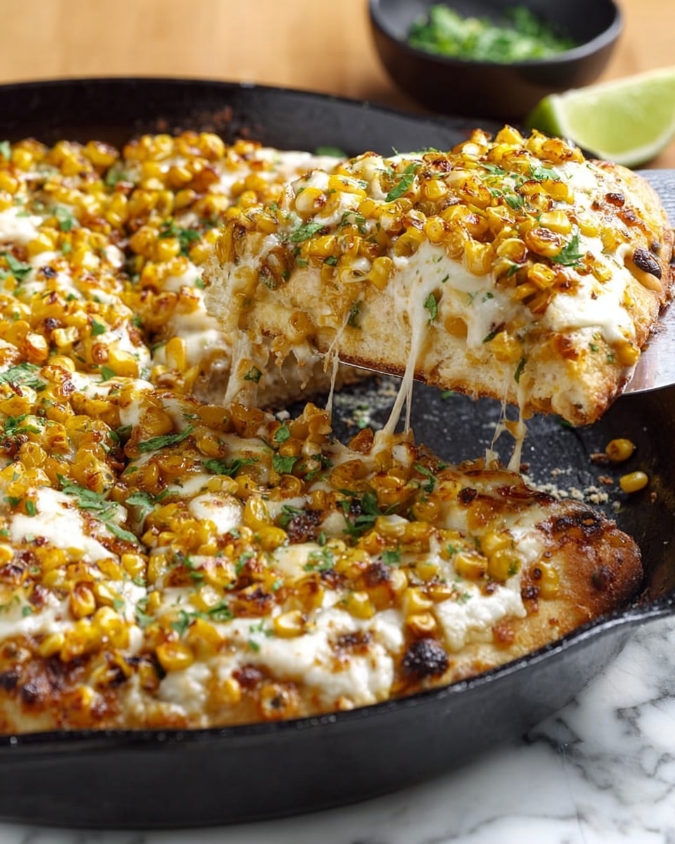 The image shows a black cast iron skillet filled with a thick layered pizza. The base layer is a light golden crust, topped with melted white cheese. On top of the cheese, there is a generous layer of roasted golden yellow corn kernels, some showing light brown spots from roasting. Scattered bright green herbs add a fresh touch on top. A slice is being lifted by a metal spatula, showing melted cheese stretching between the slice and the rest of the pizza. The skillet sits on a white marbled surface with a hint of lime in a small black bowl in the background. Photo taken with an iphone --ar 4:5 --v 7