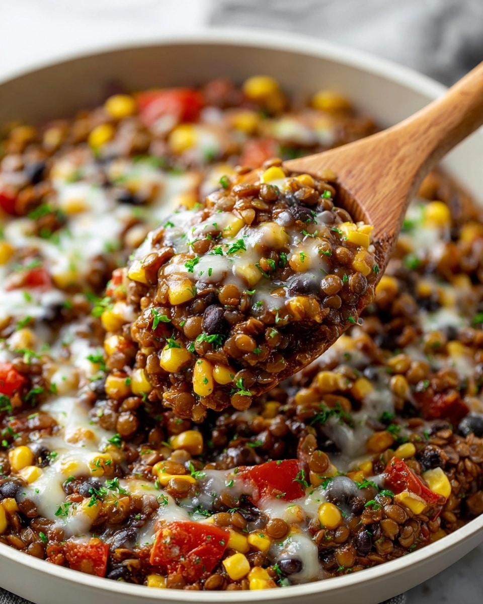 A close-up of a cooked lentil dish in a white bowl layered with brown lentils scattered with vibrant yellow corn kernels, black beans, and small pieces of red tomatoes all mixed together. The dish is topped with melted white cheese spotted in patches and sprinkled with finely chopped green herbs, adding color contrast. A wooden spoon holds a scoop of the mixture, showing the chunky, moist texture, against a soft white marbled surface in the background. photo taken with an iphone --ar 4:5 --v 7