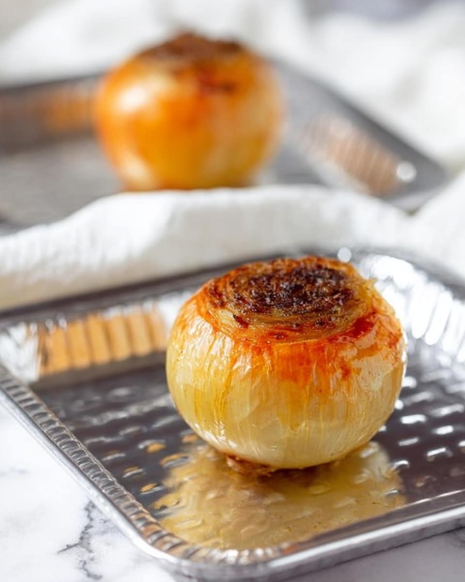 The image shows two cooked onions placed on shiny metal trays with raised holes. Each onion has a golden brown, slightly charred, and textured top layer from cooking. The onions’ outer layers are soft yellowish with a glossy look. The trays rest on a white marbled surface with a soft white cloth in the background. The focus is on the onion in the front, showing its round shape and browned top clearly. photo taken with an iphone --ar 4:5 --v 7