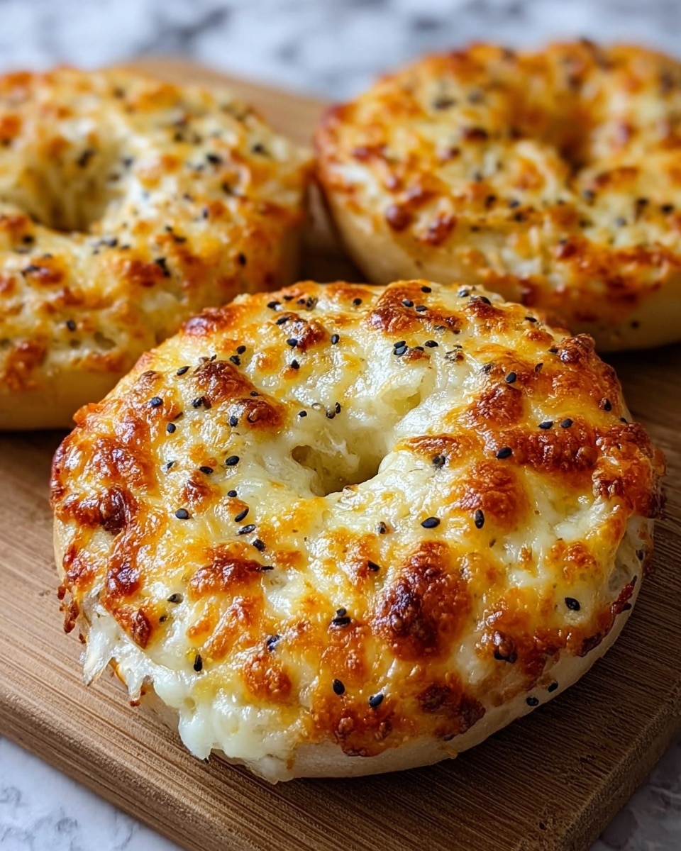 The image shows a close-up of three bagels on a wooden board, each topped with a layer of melted golden-brown cheese that is bubbly and slightly crispy. The cheese covers the top surface unevenly with some darker brown spots indicating light roasting. Small black seeds are scattered across the cheesy layer, adding texture and contrast. The bagels have a light beige dough base with a slightly soft and fluffy texture visible around the cheesiest parts. The background is a white marbled texture. Photo taken with an iphone --ar 4:5 --v 7