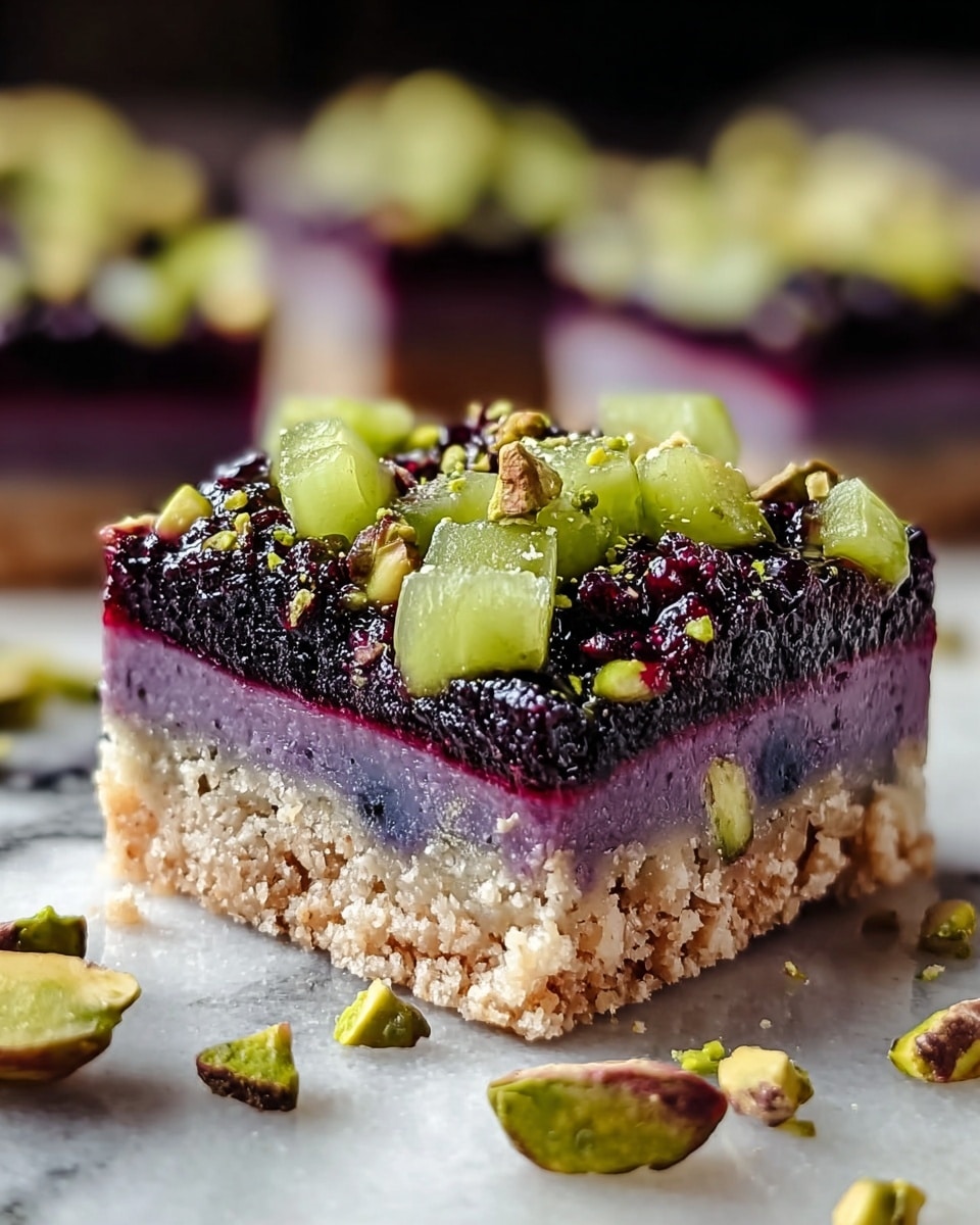 The image shows a square dessert bar with three clear layers on a white marbled surface. The bottom layer is crumbly and light brown, resembling a biscuit crust. Above it is a smooth purple layer with a slightly shiny texture. The top layer is thick and textured, made of dark purple-black berries mixed with small seeds and pieces of bright green fruit arranged evenly on top. Scattered chopped green pistachios cover the top surface and some are fallen around the dessert. The focus is sharp on the front bar while the background is softly blurred. Photo taken with an iphone --ar 4:5 --v 7