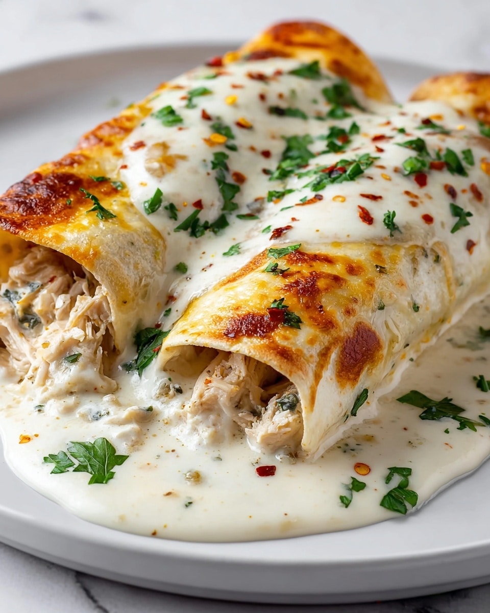 A close-up view of two rolled enchiladas on a white plate, covered with three main layers: a golden-brown baked tortilla on the outside with slightly crisp edges, filled inside with white shredded chicken mixed with light green herbs, and topped with a smooth, creamy white sauce that spreads around the plate. The sauce is lightly browned in spots, showing slight bubbling from baking, and is decorated with bright green chopped parsley and scattered red chili flakes. The background is a white marbled texture. Photo taken with an iphone --ar 4:5 --v 7