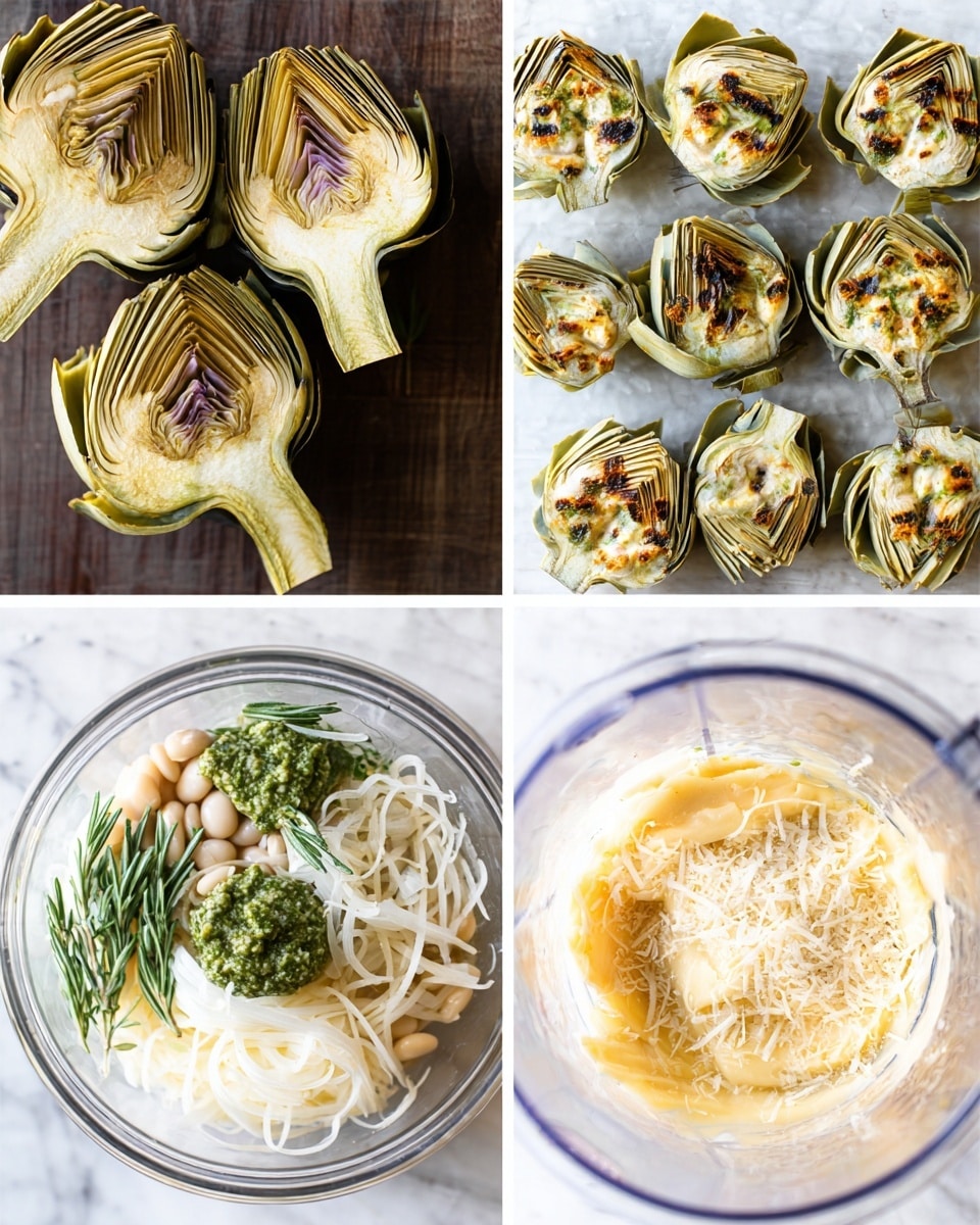 The image shows four photos arranged in a square grid, each illustrating stages of preparing an artichoke dip. The top left photo has three artichoke halves with inner pale yellow and purple layers tightly packed, lying on a dark wood texture. The top right photo displays eight artichoke halves on a white marbled surface, lightly grilled with golden and brown marks, topped with small green rosemary sprigs. The bottom left photo captures ingredients in a clear glass bowl: shredded pale artichoke, white beans, green herbs, and a dollop of green pesto. The bottom right photo shows a creamy beige mixture with grated pale yellow cheese sprinkled on top inside a clear food processor bowl. Photo taken with an iphone --ar 4:5 --v 7