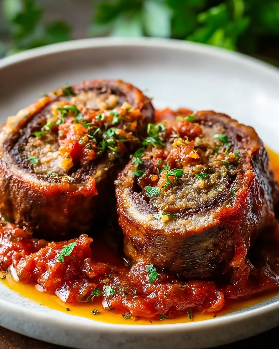 Two thick rolls sit close together on a white plate, each roll showing three visible layers: a dark brown outer layer with a slightly crispy texture, a middle light brown layer, and a dark red center that looks rich and dense. The rolls are covered in a thick tomato sauce with chunks, pooling around the base and glistening with oil. Small green herb pieces are sprinkled over the top of the rolls and sauce, adding a fresh contrast. The plate is against a white marbled textured surface with some blurred green leaves in the background. Photo taken with an iphone --ar 4:5 --v 7