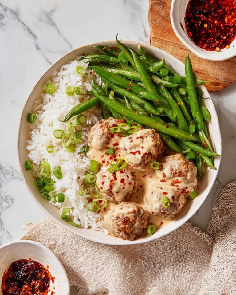Firecracker Meatballs with Coconut Rice and Green Beans Recipe