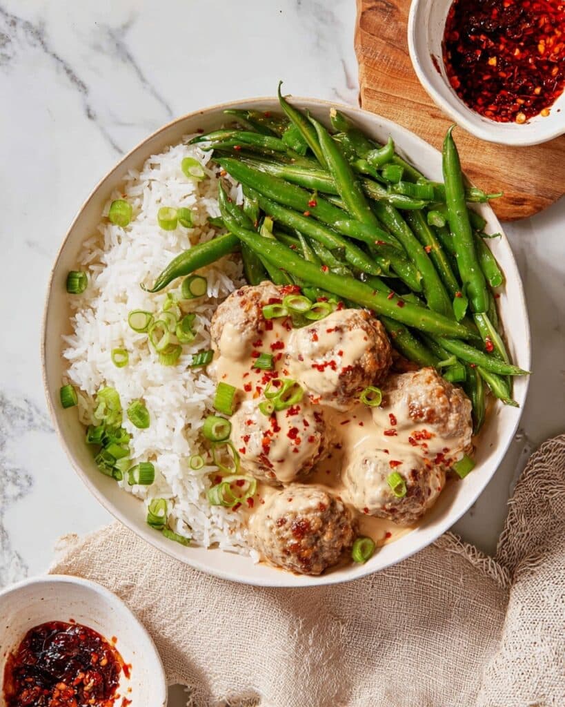 Firecracker Meatballs with Coconut Rice and Green Beans Recipe