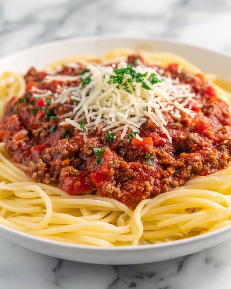 A white plate filled with a base layer of long, smooth, yellow spaghetti noodles spread out evenly. On top of the noodles is a thick layer of chunky red tomato sauce mixed with browned ground meat and small pieces of red bell pepper. In the center of the sauce, there is a bright white pile of shredded cheese garnished with a few small green herb leaves. The dish is placed on a white marbled surface. Photo taken with an iphone --ar 4:5 --v 7