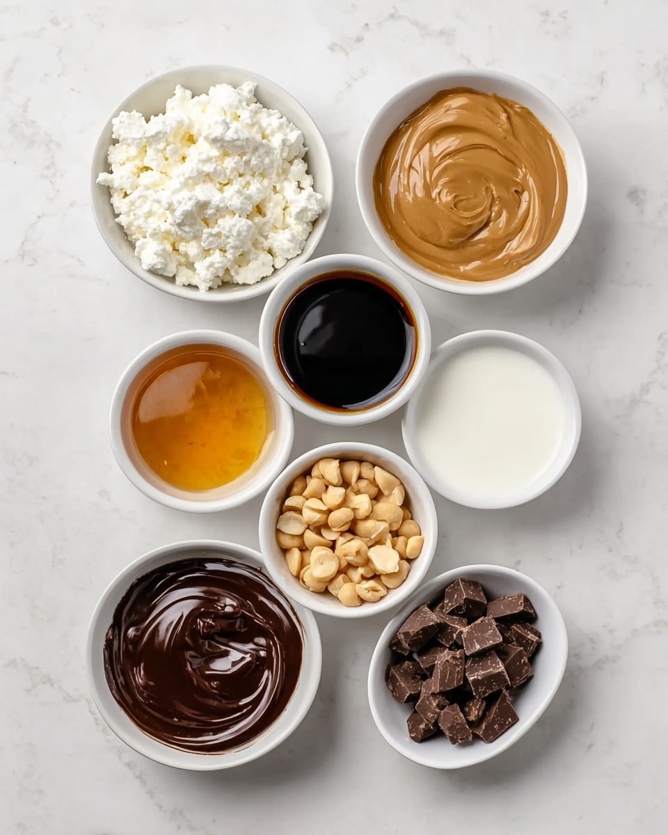 The image shows seven small white bowls placed on a white marbled surface. The top row has three bowls: the left one filled with white cottage cheese with a soft, crumbly texture, the middle one with smooth, light brown peanut butter swirled on top, and the right one holding golden honey that looks thick and shiny. In the middle row, there are two bowls: the left one contains dark brown soy sauce that looks shiny and smooth, and the right one filled with white milk with a smooth surface. The bottom row has three bowls: on the left, dark chocolate syrup with a glossy, swirled surface, in the middle, light tan peanut pieces with a dry, firm texture, and on the right, chocolate chunks that are chunky and rough in texture. All bowls are evenly spaced and neatly arranged. Photo taken with an iphone --ar 4:5 --v 7