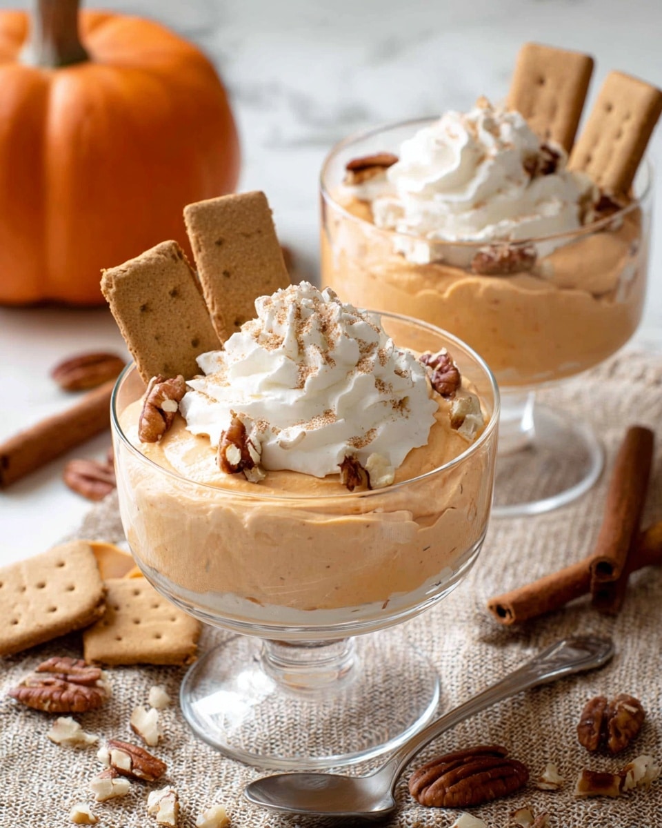 A glass dessert bowl holds a creamy, light brown pumpkin mousse filling the bowl nearly to the top. On top, there is a thick swirl of white whipped cream garnished with small pieces of pecans and a light dusting of cinnamon. Two rectangular, tan-colored graham crackers stand upright on one side of the whipped cream, and a silver spoon rests inside the bowl on the right. The bowl sits on a white marbled surface sprinkled with a few pecan halves and cinnamon sticks, with a blurred small orange pumpkin and a second similar dessert in the background. Photo taken with an iphone --ar 4:5 --v 7