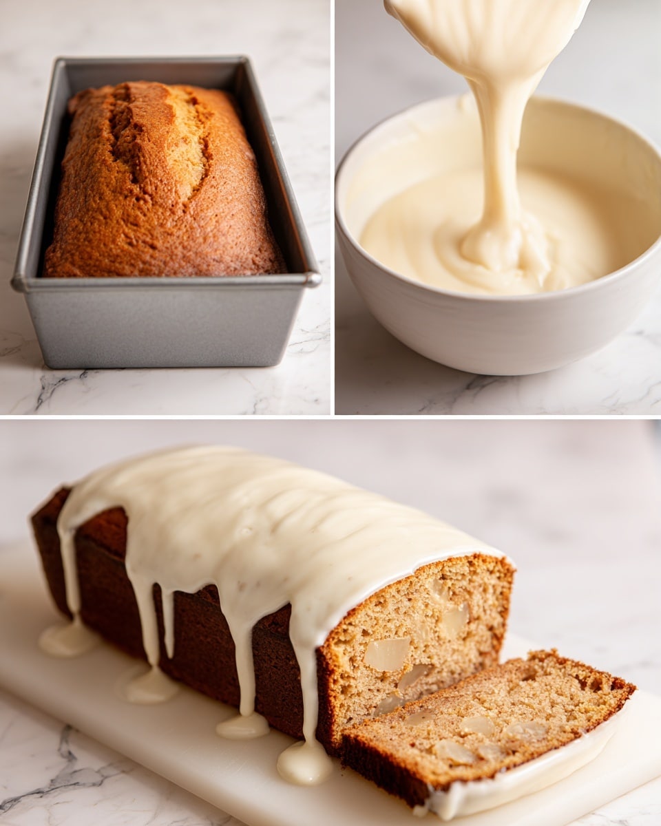 There are six thick slices of yellowish cake lined up on a white rectangular plate, each slice showing scattered small orange chunks inside. The top of each slice is covered with a thin, creamy white icing that drips slightly down the sides. The texture of the cake looks soft and slightly crumbly, with a golden-brown crust. The plate is set on a white marbled surface. photo taken with an iphone --ar 4:5 --v 7