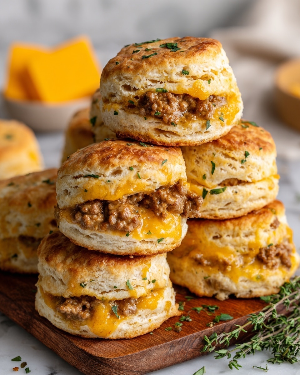 The image shows two square biscuit sandwiches stacked on a white marbled surface. Each sandwich has three layers: the top and bottom layers are golden brown, fluffy biscuit halves with a soft, crumbly texture. The middle layer is filled with cooked ground meat, brownish in color, mixed with melted bright orange cheddar cheese that oozes slightly out of the biscuit edges. Fresh green herb leaves are placed on top of the upper sandwich for garnish. In the blurred background, a white bowl filled with more shredded cheddar cheese is partially visible, adding a warm yellow tint. Small herb pieces are scattered on the surface around the sandwiches. Photo taken with an iphone --ar 4:5 --v 7