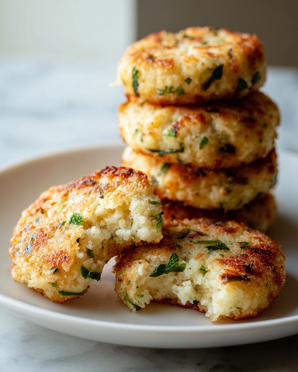The image shows a white plate with a stack of golden brown, round patties that have a crispy texture with visible green herb pieces embedded in them. In front of the stack, two patties lie flat on the plate, one of which has a bite taken out, revealing a soft, crumbly inside speckled with green herbs. The patties have a slightly uneven surface with browned edges giving a homemade look. The plate is set on a white marbled surface with soft, natural light illuminating the scene from the side, highlighting the texture of the patties. photo taken with an iphone --ar 4:5 --v 7