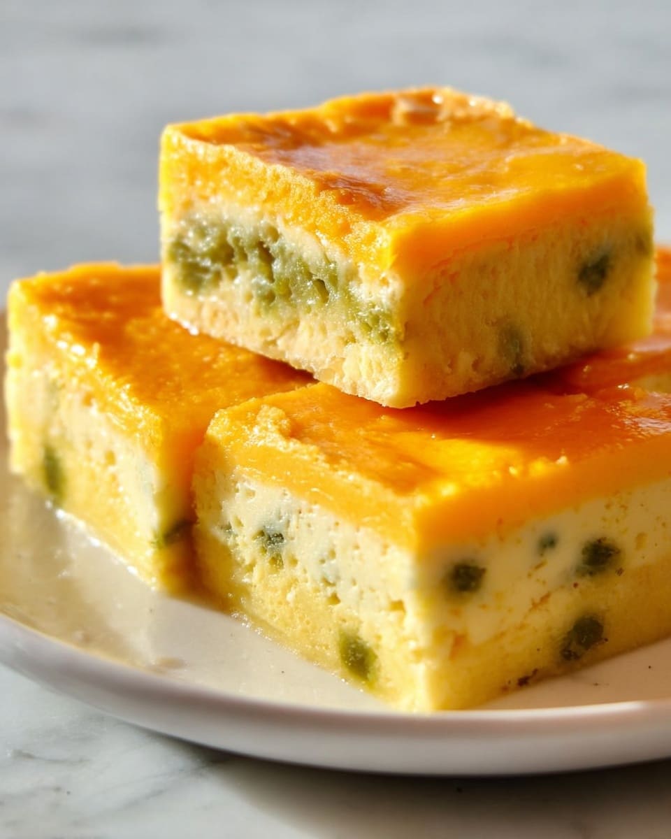 The image shows three square pieces of a layered dish stacked on a white plate with a white marbled surface in the background. Each piece has three visible layers: the top layer is a golden yellow with a slightly shiny, smooth texture, the middle layer is a soft pale yellow with a creamy, slightly fluffy look, and the bottom layer is green, appearing as small pieces spread evenly. The layers have clean edges with a somewhat firm structure, and the pieces are closely placed with light reflecting off the top surface. Photo taken with an iphone --ar 4:5 --v 7