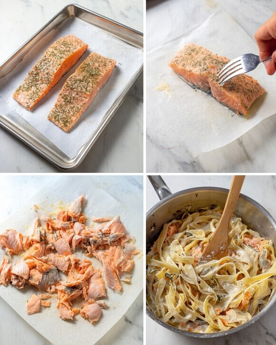 The image shows four steps of cooking salmon pasta. The first step has two uncooked salmon pieces with a pink-orange color and sprinkled seasoning on a white parchment paper on a white marbled surface. The second step shows a woman's hand holding a fork pressing down on a cooked salmon piece with a light brown seasoned top and flaky texture on white parchment paper. The third step shows the cooked salmon broken into small chunks with flakes on the white parchment paper, displaying a mix of soft pink and light brown colors. The last step shows a pot of creamy white sauce pasta mixed with salmon pieces, with smooth and soft pasta ribbons and chunks of pink salmon spread evenly. Photo taken with an iphone --ar 4:5 --v 7