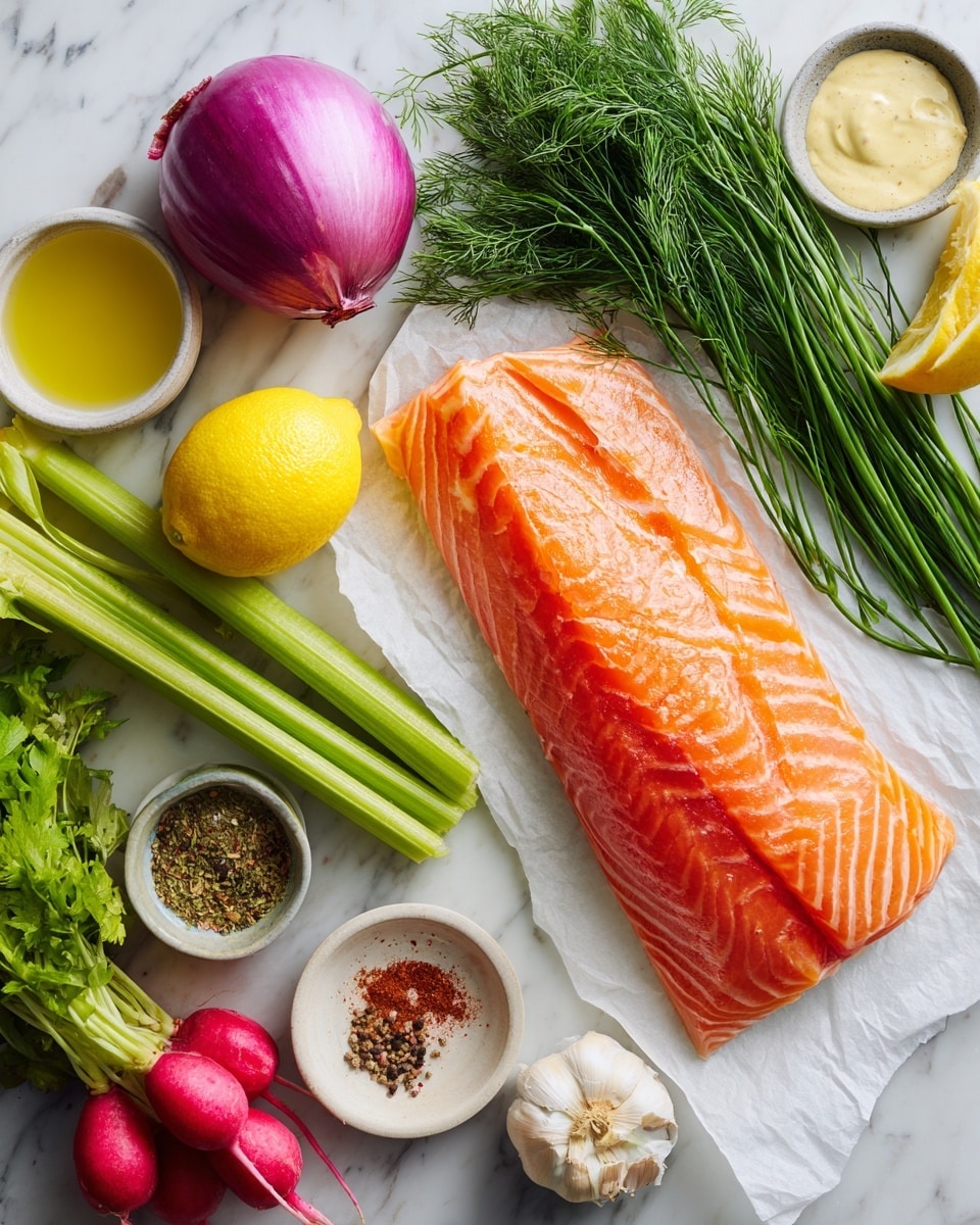 The image shows a large piece of fresh salmon with a bright orange color and visible white fat lines, placed on white parchment paper on a white marbled surface. Around the salmon are fresh vegetables and ingredients arranged neatly: three stems of green celery on the left, a bunch of green dill with feathery leaves below the celery, and a bundle of chives placed below the dill with long thin green leaves. At the bottom right, some radishes with red round bulbs and green leafy tops lie next to a small garlic clove and a cluster of dark green Dijon mustard leaves. At the top left, a whole purple-red onion and a bright yellow lemon rest near a small clear bowl of olive oil. Below them is a white dish containing a mix of red and black seasoning powders, and two small clear bowls hold white mayo and additional garlic cloves. The whole arrangement is set on a white marbled background. Photo taken with an iphone --ar 4:5 --v 7