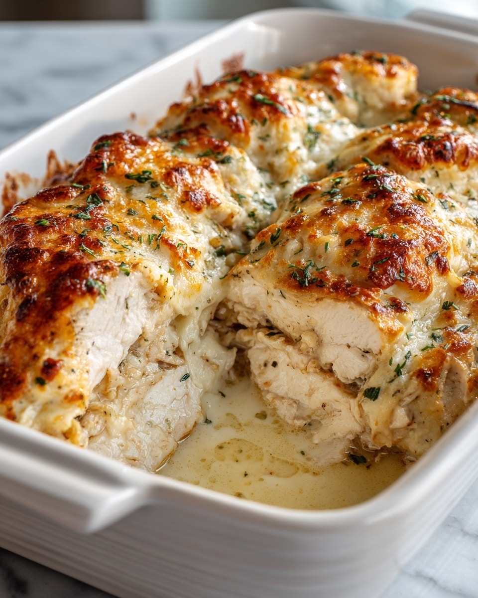 The image shows a white ceramic baking dish with a creamy baked chicken casserole inside. The dish has several large pieces of chicken stacked in one layer, covered with a thick, golden-brown cheese crust that looks bubbly and slightly crispy. The cheese topping has some green herbs sprinkled on it, adding a touch of color. The creamy sauce beneath the cheese is white and smooth, filling the gaps between the chicken pieces. The white marbled surface under the dish adds a clean, bright background to the warm-colored food. Photo taken with an iphone --ar 4:5 --v 7