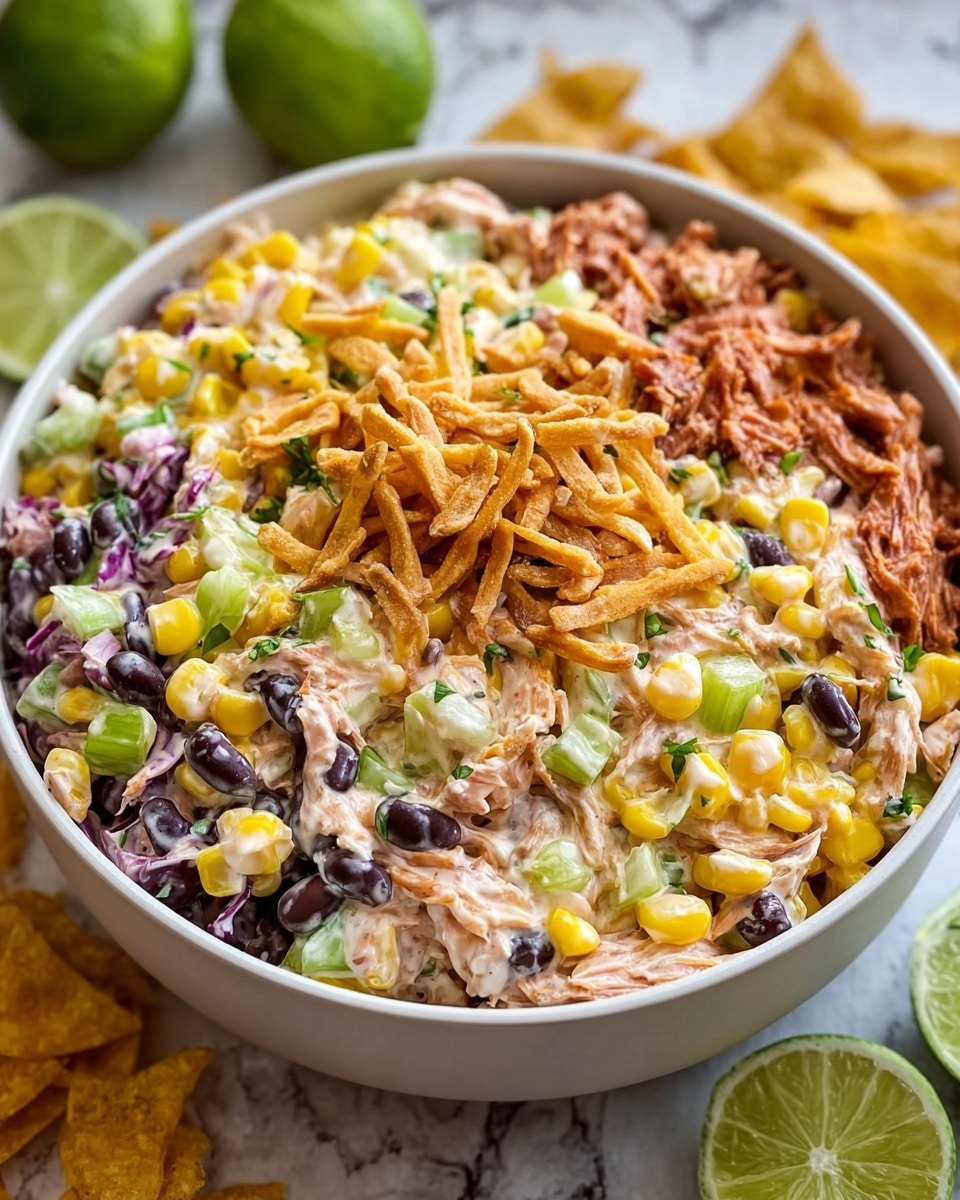 The image shows a white bowl filled with a creamy, colorful salad that has many layers mixed together. The base layer is a creamy white sauce that coats various ingredients like yellow corn, black beans, chopped green celery, and small bits of purple cabbage. There are also visible strips of a reddish-brown ingredient that looks tender and shredded. On top of the salad, there are crunchy brown strips scattered around, adding texture. The bowl sits on a surface with a white marbled texture, and there are lime halves and crispy chips around it in the background. Photo taken with an iphone --ar 4:5 --v 7