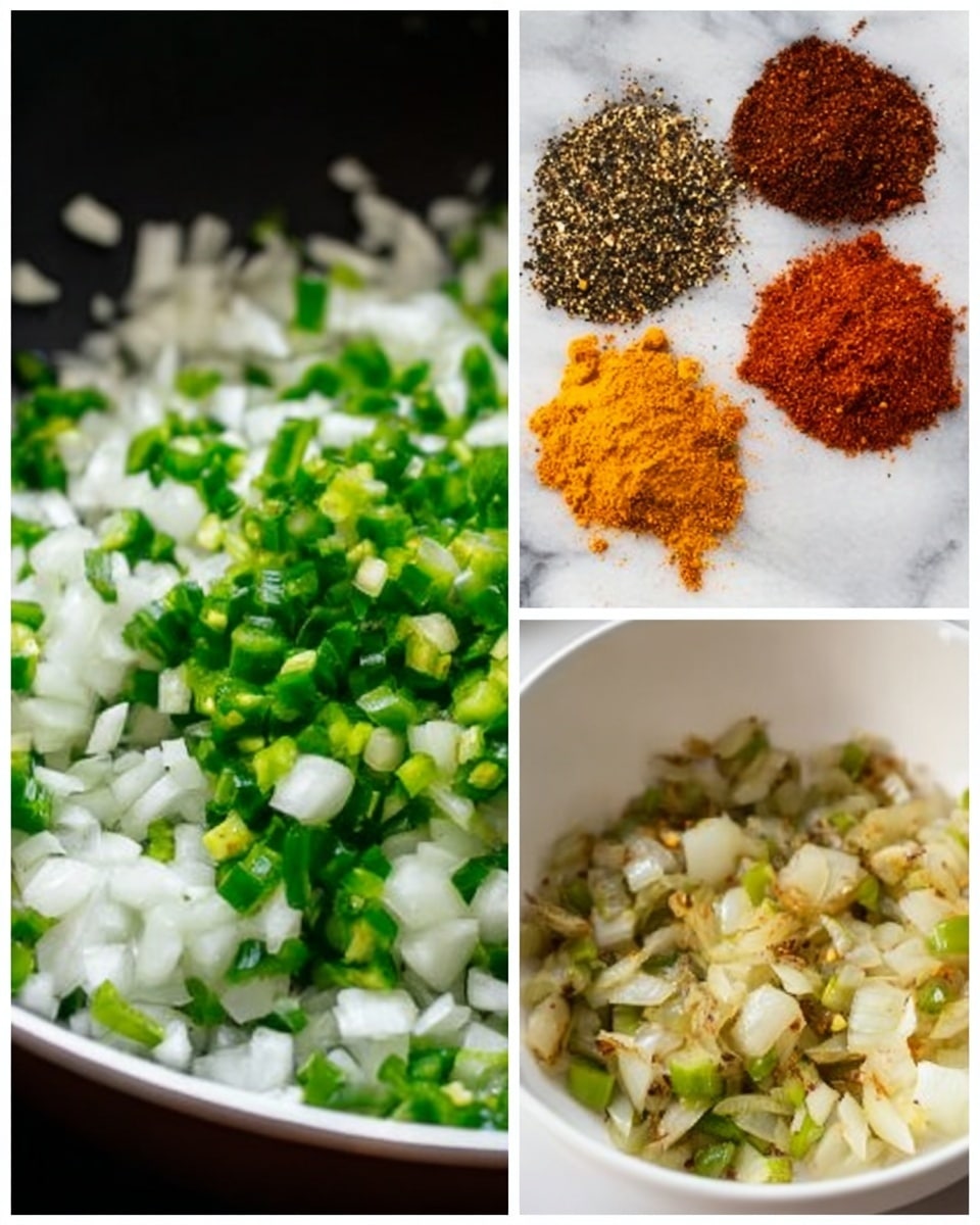 The image shows three close-up photos of cooking ingredients and preparation. The largest photo on the left displays a layer of chopped white onions mixed with bright green chopped green chili peppers, all on a black pan with a slight shine. The top right photo shows a white bowl with four piles of powdered spices in different colors: dark red, bright yellow-orange, black and white specks, and golden brown, each clearly separated. The bottom right photo shows a white bowl filled with a mix of cooked, soft white onions mixed with green chili pieces and light brown browned spots, indicating they were sautéed. The background in all photos is a white marbled texture. photo taken with an iphone --ar 4:5 --v 7