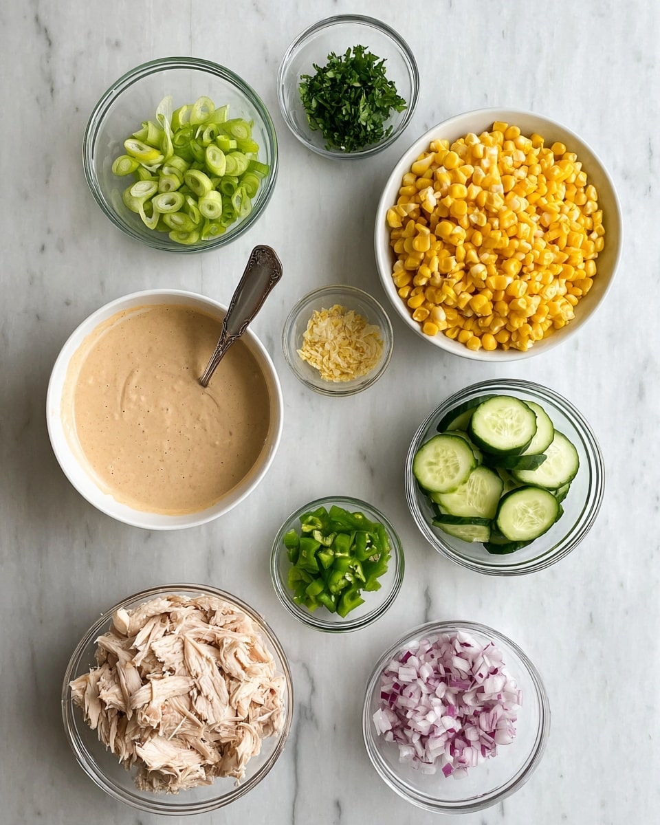 The image shows seven bowls on a white marbled surface, each holding different food items for a recipe. At the top left, a small clear bowl has sliced green onions, and next to it, another small clear bowl contains chopped fresh herbs. To the right, a medium white bowl is full of bright yellow corn kernels. Below the corn, a small clear bowl holds chopped green peppers. At the bottom left, a white bowl contains shredded cooked chicken. Next to that, a medium clear bowl is filled with thick cucumber slices showing their green skins and pale insides. Finally, at the bottom center, a small clear bowl holds finely chopped red onions. In the middle left, a large white bowl contains a creamy light brown sauce with a spoon inside. Photo taken with an iphone --ar 4:5 --v 7