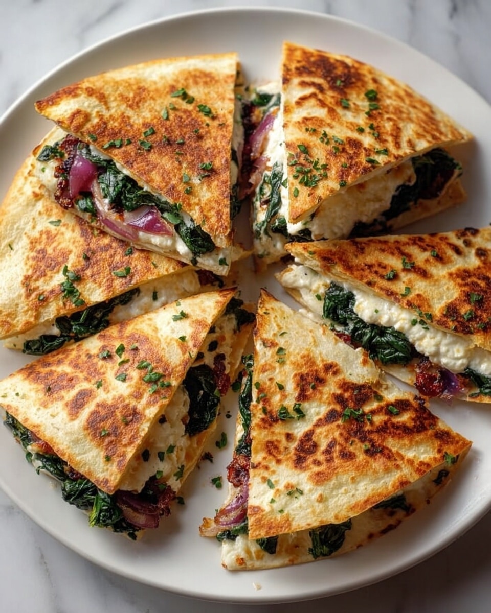 The image shows a white plate with a stack of four golden brown quesadilla slices, each with a crispy outer layer. Between the soft, warm tortillas, there are visible layers of white cheese, bright green spinach leaves, and thin strips of pink pickled onions. The quesadilla pieces are sprinkled with finely chopped green herbs. The plate rests on a white marbled surface. photo taken with an iphone --ar 4:5 --v 7