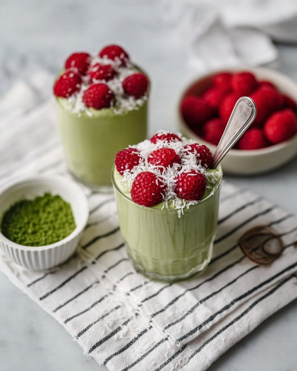 The image shows two clear glass cups filled with a smooth, light green matcha mousse. Each cup is topped with a layer of bright red raspberries and sprinkled with white shredded coconut on top. One cup has a silver spoon sticking out from the middle of the raspberries. The cups are placed on a white cloth with black stripes, on a white marbled surface. Around the cups, there are two small white bowls, one filled with fresh raspberries and the other with shredded coconut, and a small white dish holding green matcha powder. photo taken with an iphone --ar 4:5 --v 7
