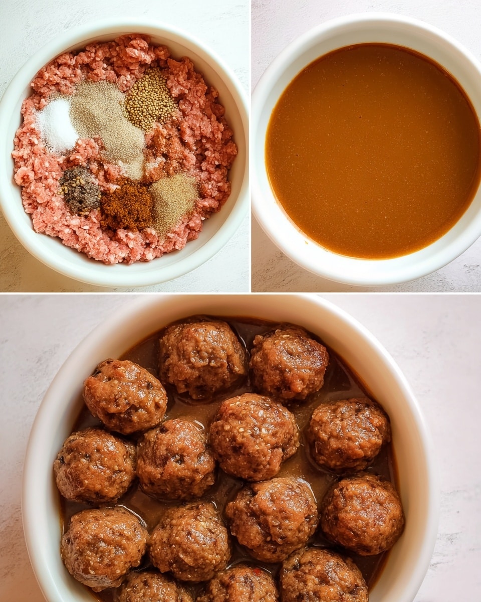 The dish shows three layers in a white baking dish on a white marbled surface. The bottom layer is round, brown meatballs covered in a thin sauce filling all the spaces between the meatballs. The second layer is a thick, even spread of shredded yellow cheese covering the meatballs and sauce completely. The top layer is melted cheese with a creamy yellow color, lightly browned and sprinkled with finely chopped green herbs, partially covering the browned round meatballs beneath it. photo taken with an iphone --ar 4:5 --v 7