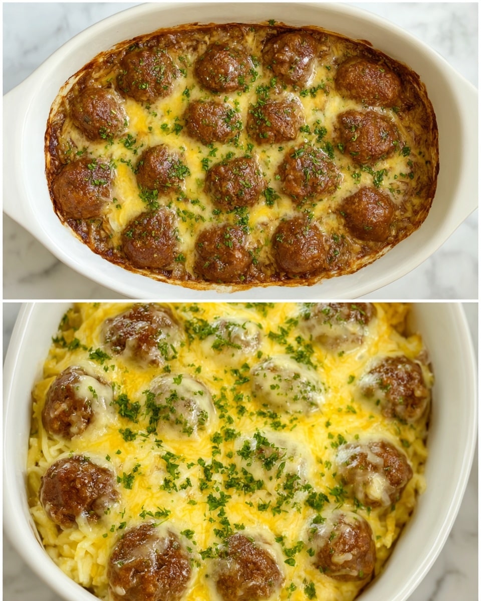 The image shows a collage with three parts, all in white bowls on a white marbled texture. The top left part has raw ground meat mixed with various brown and white spices in different clumps on top. The bottom left part shows the ground meat shaped into 16 round meatballs, placed closely in the bowl, with a textured pinkish-brown color. The right side displays the same 16 meatballs covered and partially submerged in a smooth, rich brown sauce, filling most of the bowl. Photo taken with an iphone --ar 4:5 --v 7