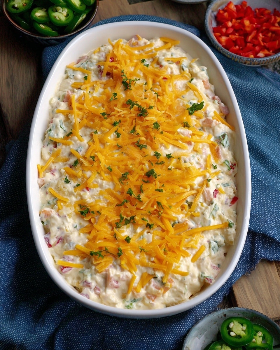 The image shows a white oval dish filled with a creamy, chunky mixture that has bits of red and green vegetables throughout. The top is spread evenly with bright orange shredded cheese, sprinkled with small green herb pieces. The dish rests on a blue cloth over a wooden surface, with sliced green jalapeños and small bowls of chopped red peppers visible nearby. The texture of the creamy mix is thick and slightly lumpy, creating a rich base beneath the shredded cheese layer photo taken with an iphone --ar 4:5 --v 7