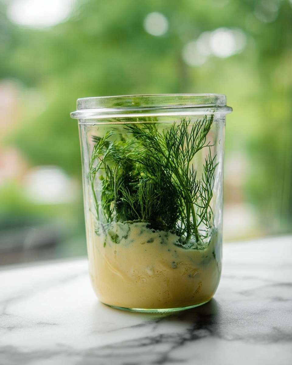 A clear glass jar sits on a white marbled surface filled with two layers: the bottom layer is a thick, pale yellow creamy mixture with a smooth texture, while the top layer holds fresh, bright green leafy dill sprigs that stand upright, showing their fine, feathery texture and delicate stems. The background is softly blurred with green tones suggesting plants or trees outside, letting the jar and its contents stand out clearly. Photo taken with an iphone --ar 4:5 --v 7
