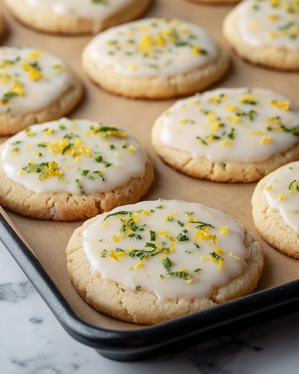 The image shows a tray of round cookies resting on parchment paper on a baking sheet with a black edge. Each cookie has two layers: a thick light beige base with a slightly crumbly texture, and a thin white icing layer spread evenly on top. The icing is decorated with small yellow and green sprinkles that look like finely chopped herbs and citrus zest. The cookies are arranged in a close, scattered pattern on the tray. The tray is placed on a surface with a white marbled texture. photo taken with an iphone --ar 4:5 --v 7
