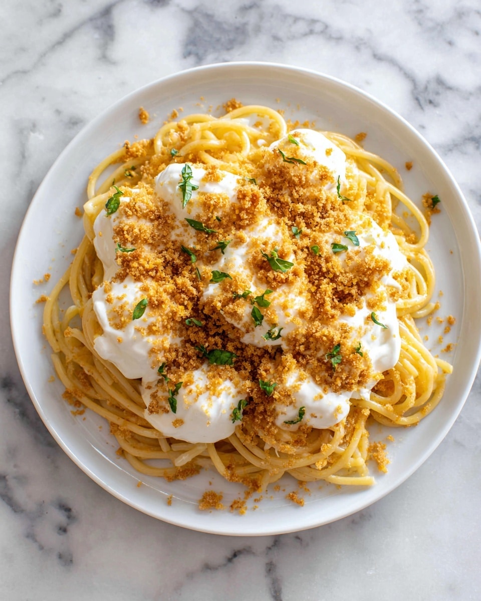 A white plate holds a nest of light yellow spaghetti arranged in a loose circle. On top of the pasta, there are eight dollops of white creamy sauce spread evenly around the center. The middle is covered with a thick layer of orange-brown crumbs, slightly coarse in texture. Small green herb leaves are scattered lightly over the crumbs, adding a touch of color. The pasta looks glossy with a drizzle of light golden oil accenting the dish. The plate sits on a white marbled surface. photo taken with an iphone --ar 4:5 --v 7