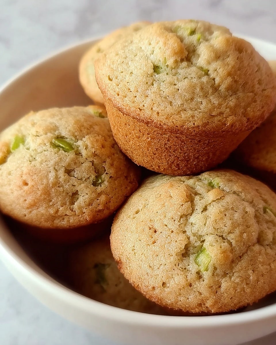 The image shows a close-up of a white bowl filled with five soft muffins. The muffins have a light brown color with small green pieces visible inside, and their tops are slightly cracked with a fine texture. The muffins are stacked closely together inside the bowl, creating a cozy, inviting look. The background is a white marbled texture. Photo taken with an iphone --ar 4:5 --v 7
