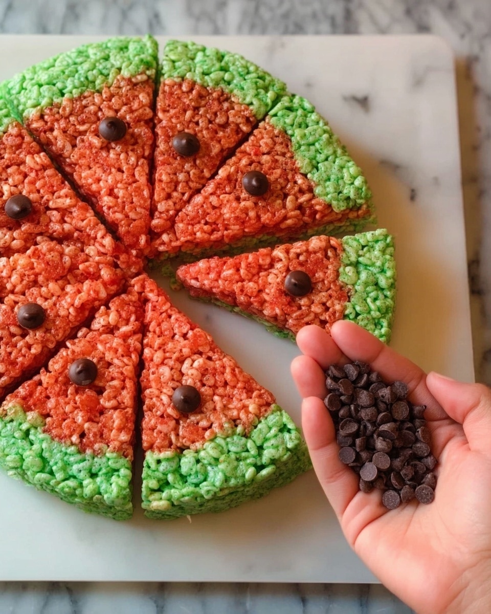 The image shows a round treat that looks like a pizza made from crispy rice cereal. It has two main layers: the outer green layer resembling the pizza crust, made of green-colored crispy rice, and the inner red layer in the center, resembling the tomato part of the pizza, made of red-colored crispy rice. Small dark brown chocolate chips are placed on top of the red layer to look like pizza toppings. The treat is cut into several slices and is set on a white marbled surface with a white tray underneath. A woman's hand is holding a small pile of the chocolate chips near the treat. Photo taken with an iphone --ar 4:5 --v 7