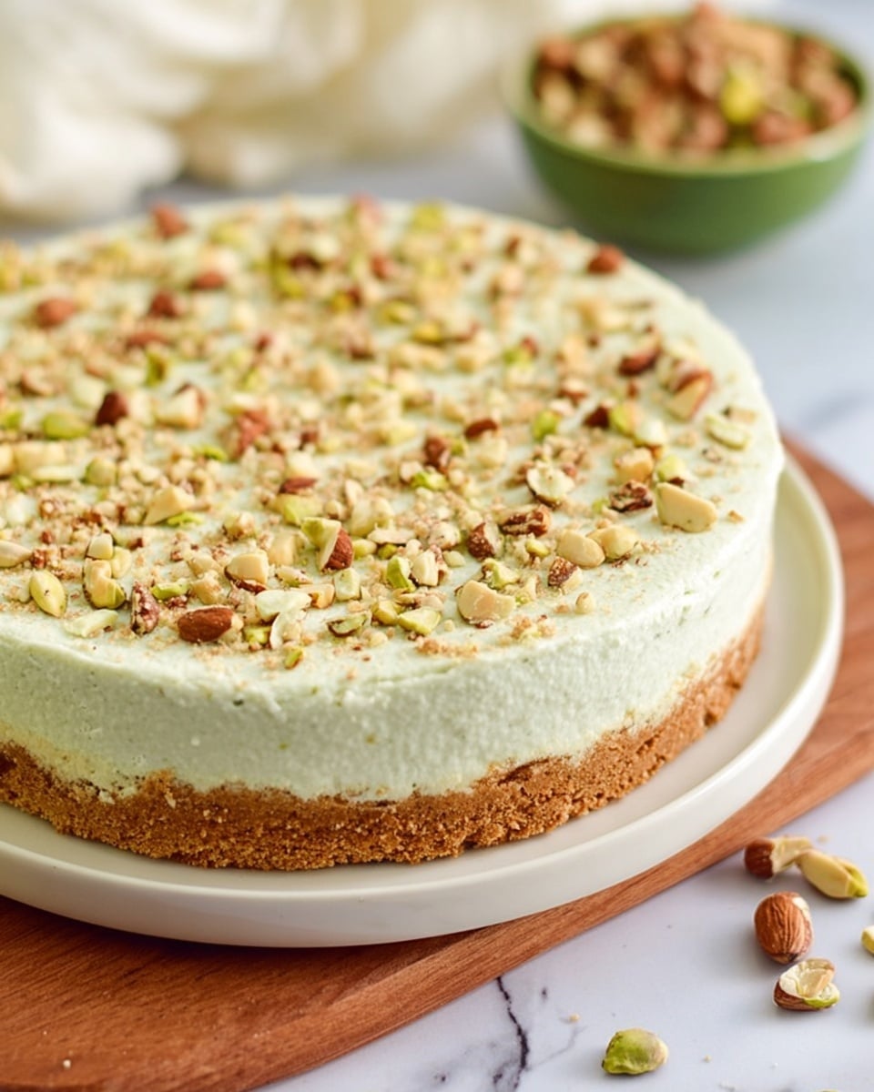 A round dessert with two main layers sits on a white plate. The bottom layer is thick and light brown with a crumb texture, looking like a cookie base. On top is a thick, creamy, pale green layer that looks smooth and soft. This top layer is covered with small chunks of light brown and green nuts scattered evenly across the surface. The whole dessert is on a wooden board, which has some nuts spilled near the plate. In the background, a blurry green bowl filled with nuts and a white marbled surface are visible. photo taken with an iphone --ar 4:5 --v 7