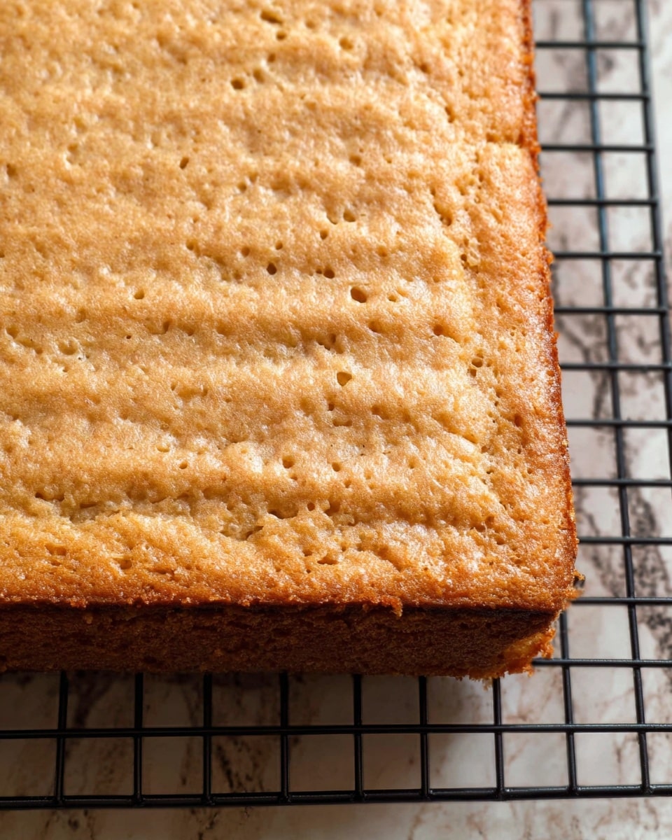 A close-up view of a single square-shaped baked cake resting on a black cooling rack, showing a light brown, textured surface with horizontal lines evenly spaced across the top. The edges are slightly darker and appear crispy, while the inside looks soft and airy with small holes throughout. The background is a white marbled texture. Photo taken with an iphone --ar 4:5 --v 7
