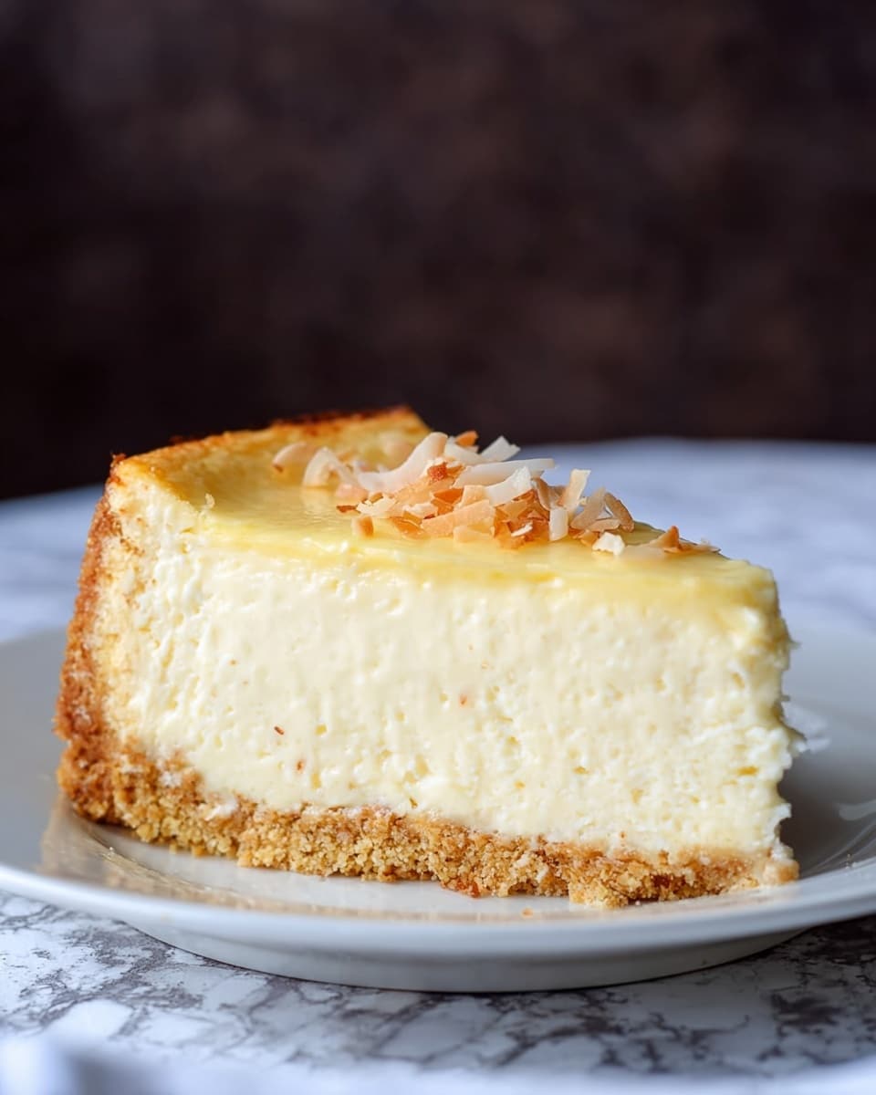 A slice of creamy cheesecake with two main layers is placed on a white plate sitting on a white marbled surface. The bottom layer is a light golden crumb crust. Above this is a thick, soft, pale yellow cream cheese filling with a smooth, slightly shiny yellow top layer. There are small toasted coconut flakes sprinkled on the upper right edge of the slice. The background is dark and blurred. Photo taken with an iphone --ar 4:5 --v 7