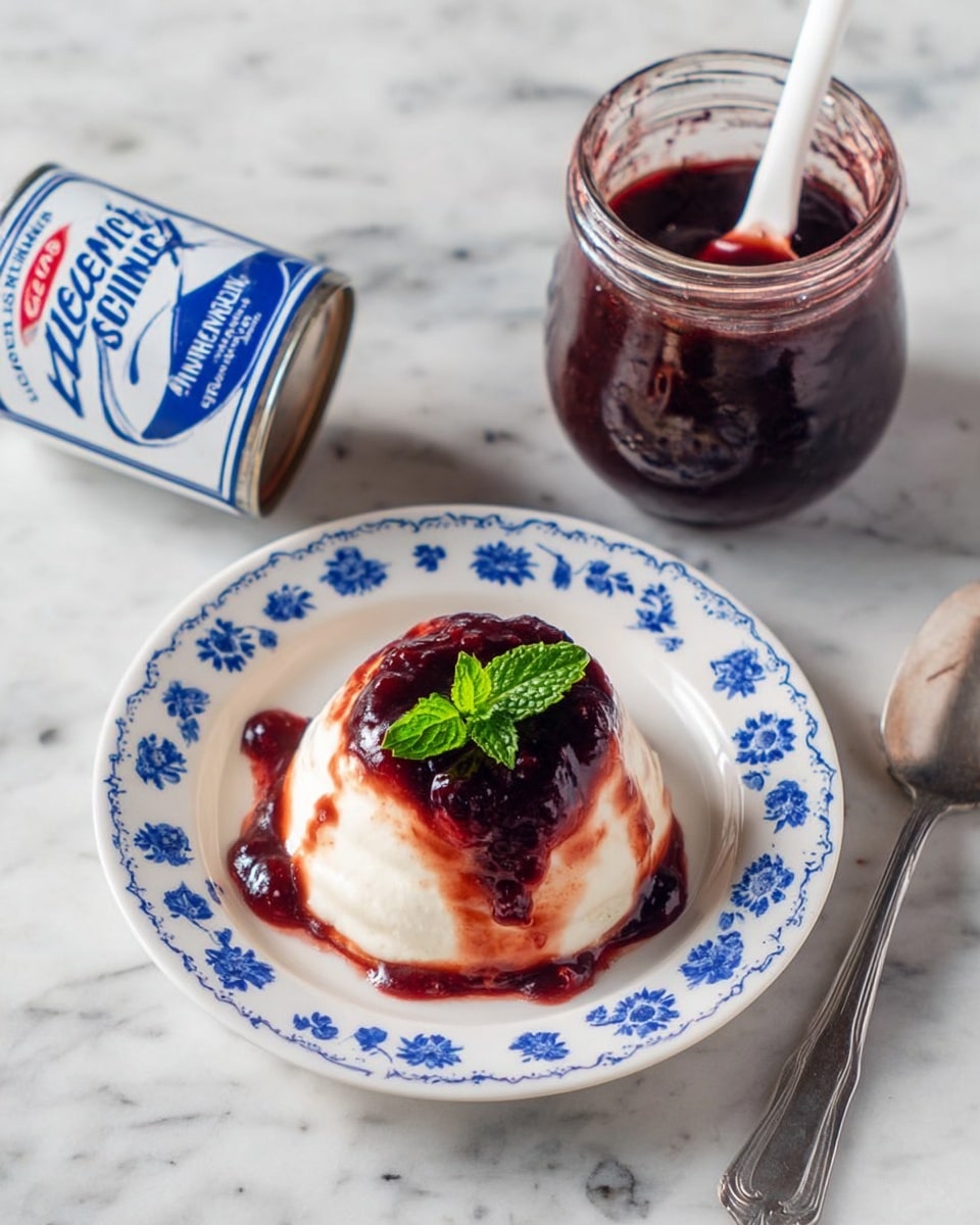 A small white plate with blue flower patterns holds a creamy white dessert shaped like a small dome with smooth, soft texture. On top of the dessert is a dark red berry sauce, thick and shiny, slowly dripping down the sides. A fresh green mint leaf sits at the center, adding a bright, fresh look. The plate is placed on a white marbled surface. Next to the plate is an open glass jar filled with the same dark red sauce and a white spoon inside. A silver spoon lies to the right of the plate, and a blue and white can of sweetened condensed milk sits tilted in the bottom left corner. photo taken with an iphone --ar 4:5 --v 7