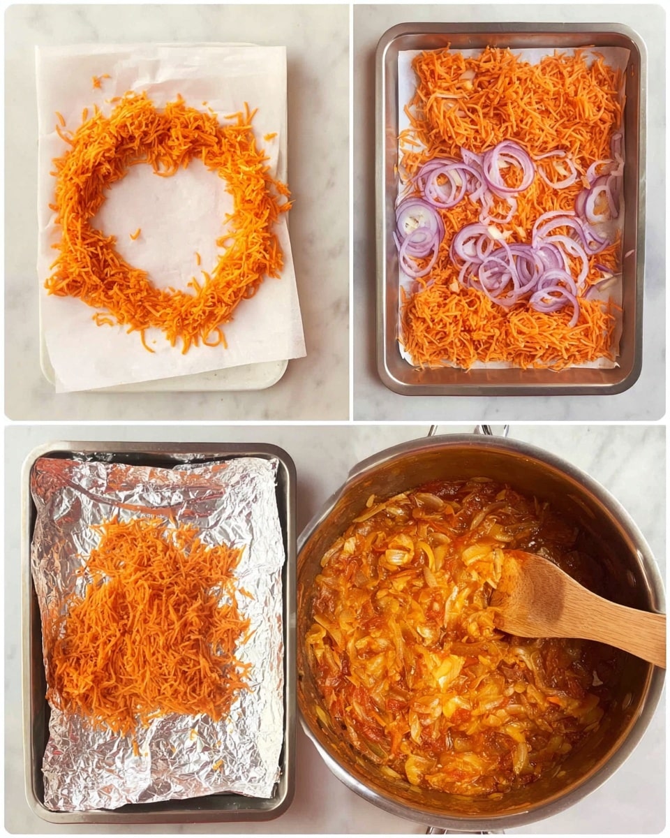 The images show a five-step cooking process on a white marbled surface. The first image features a ring of bright orange shredded carrots forming a circle with a small hole in the middle on white parchment paper. The second image shows a white baking tray lined with white parchment paper, evenly covered with a mix of shredded bright orange carrots and thin, light purple onion slices spread on top. The third image shows the same white baking tray covered tightly with silver foil. In the fourth image, the foil is removed, revealing grated carrots and onion slices now slightly cooked, spread unevenly. The final image is a close-up of a pot filled with a cooked mixture of shredded carrots and onions, now softened and mixed into a thick orange sauce with visible onion chunks being stirred by a wooden spoon. Photo taken with an iphone --ar 4:5 --v 7