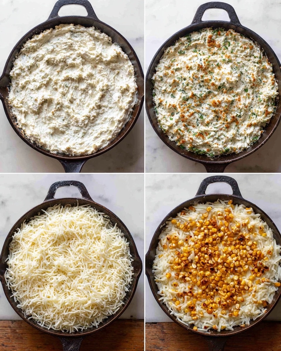 The image shows a sequence of four black cast iron pans on a white marbled surface, each with a different layered dish inside. The top-left pan has a thick, textured white creamy mixture spread evenly covering the whole surface. The top-right pan has a similar spread but with small green leafy bits mixed through the white cream layer. The bottom-left pan shows a thick layer of shredded white cheese fully covering the cream layer beneath. The bottom-right pan features the same shredded white cheese layer, now topped with small golden-brown toasted corn pieces scattered all over. Photo taken with an iphone --ar 4:5 --v 7