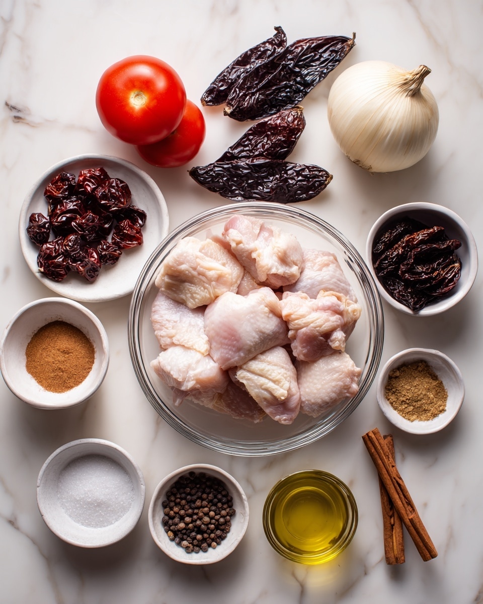 The image shows ingredients for Mexican Adobo Chicken arranged on a white marbled surface. In the center, there is a clear glass bowl with large pale pink chicken pieces. Around it, several small white dishes hold dark dried guajillo, ancho, and passilla chilies with wrinkled textures. A whole white onion sits near bright red roma tomatoes on a white plate. Small white bowls contain light brown cumin powder, whole cloves, black peppercorns, and white salt. There is a small glass cup of clear oil and a couple of garlic cloves. A cinnamon stick with a warm brown color lies near the passilla chilies. The overall setup is bright and clean, showing raw, fresh, and dried ingredients organized clearly for cooking photo taken with an iphone --ar 4:5 --v 7