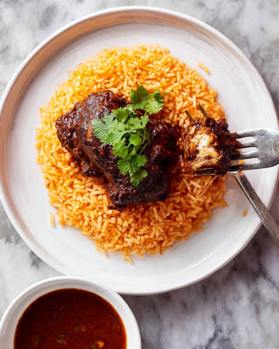 A white plate holds a round mound of orange-colored rice forming the base layer, with a dark brown, richly sauced piece of chicken placed on top in the center. A small sprig of fresh green cilantro is on the chicken adding a bright contrast. A fork is lifting a piece of the chicken showing its cooked inside near the bottom right of the meat. The plate is set on a white marbled surface, and below it is a white bowl filled with a dark reddish-brown sauce. photo taken with an iphone --ar 4:5 --v 7