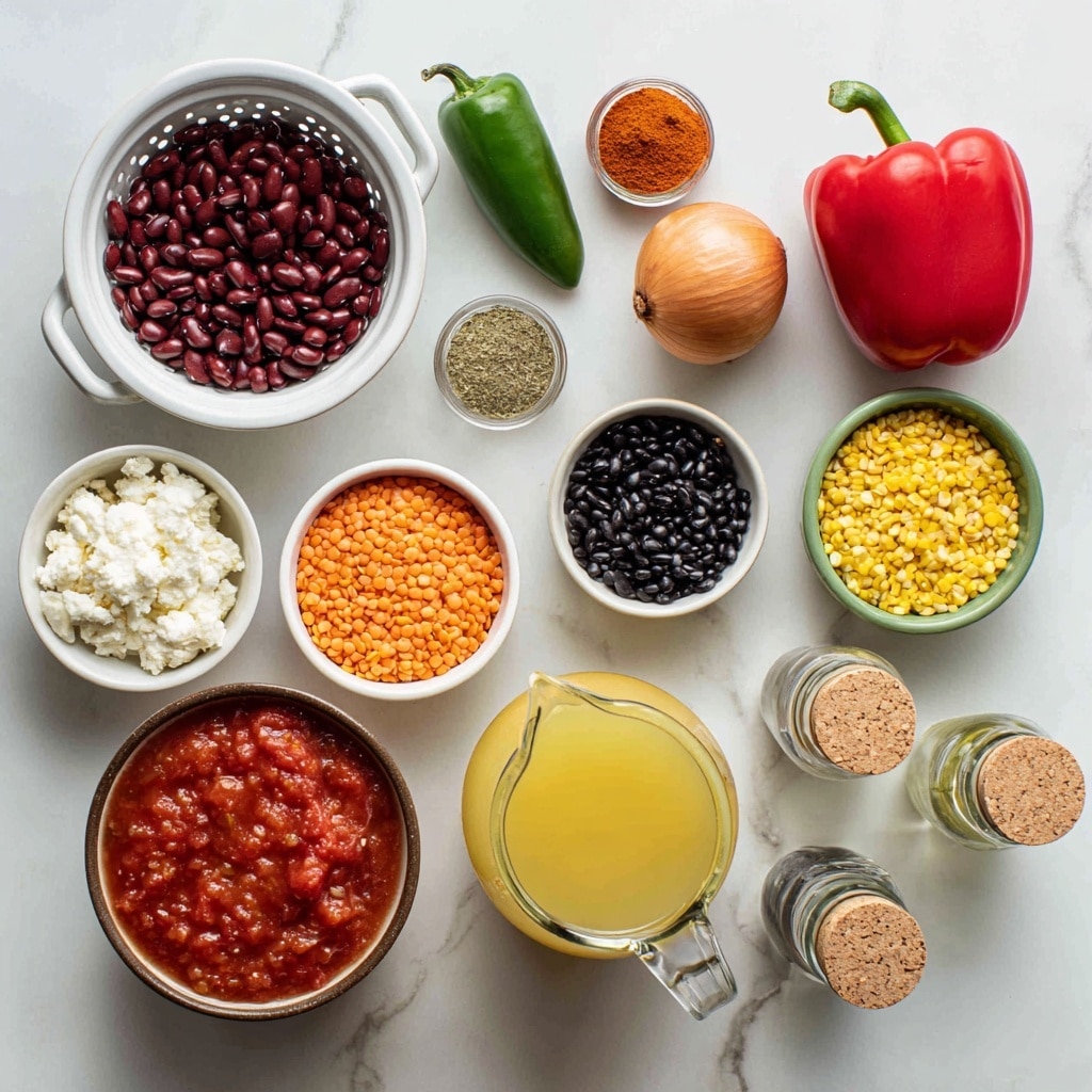 The image shows various colorful ingredients arranged neatly on a white marbled surface. At the top left, there is a white colander filled with dark red kidney beans, a bright red bell pepper to the right, and a green jalapeno next to small white bowls holding cayenne pepper, cumin, smoked paprika, and garlic powder. An onion is placed near the top right. In the center, a light green colander contains black beans. Below, small white bowls hold cream cheese, orange lentils, bright yellow corn, and a glass measuring cup with red salsa. A large glass jug with light yellow broth and a glass container filled with crushed red tomatoes are at the bottom. Two small glass bottles with cork tops contain olive oil and salt and pepper. The setup is clean and vibrant, photo taken with an iphone --ar 4:5 --v 7