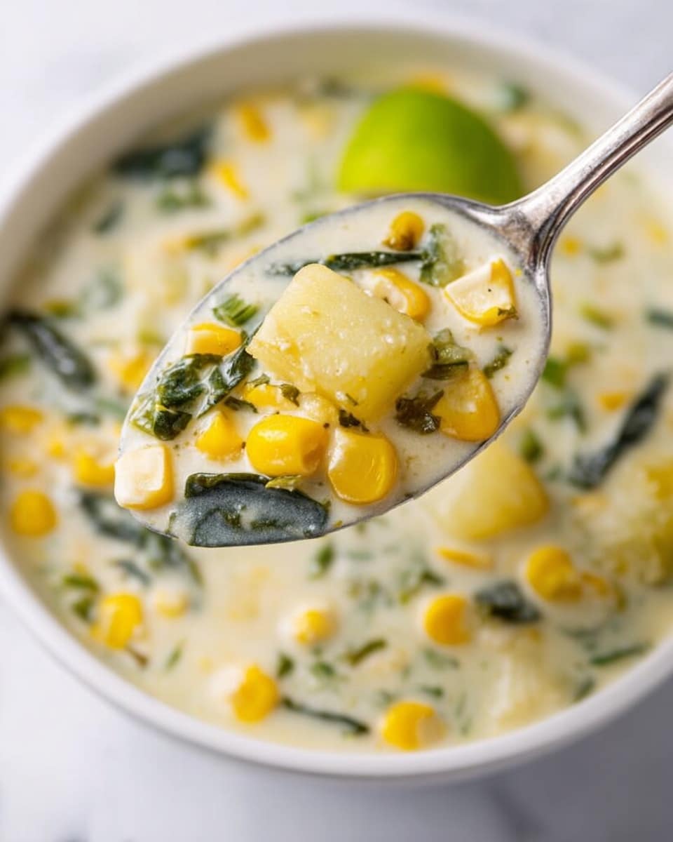 A close-up view of a spoon filled with creamy soup containing yellow corn kernels, white potato pieces, and dark green leafy bits. The spoon is held above a white bowl filled with the same thick, creamy soup, showing more corn, potato chunks, and green leaves, with a wedge of lime resting inside the bowl. The background is a white marbled surface, creating a clean and bright setting. photo taken with an iphone --ar 4:5 --v 7